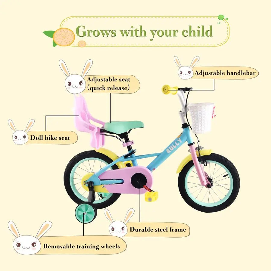 Girls Bike for 3 4 5 Years Children, 14 Inch Toddler Bicycle with Training Wheels, Doll Seat, Basket, Handbrake for Girls amp Bo