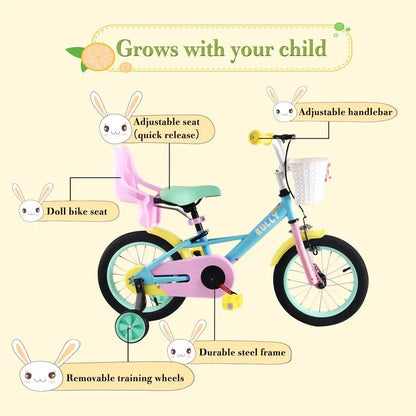 Girls Bike for 3 4 5 Years Children, 14 Inch Toddler Bicycle with Training Wheels, Doll Seat, Basket, Handbrake for Girls amp Bo
