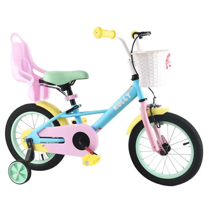 Girls Bike for 3 4 5 Years Children, 14 Inch Toddler Bicycle with Training Wheels, Doll Seat, Basket, Handbrake for Girls amp Bo